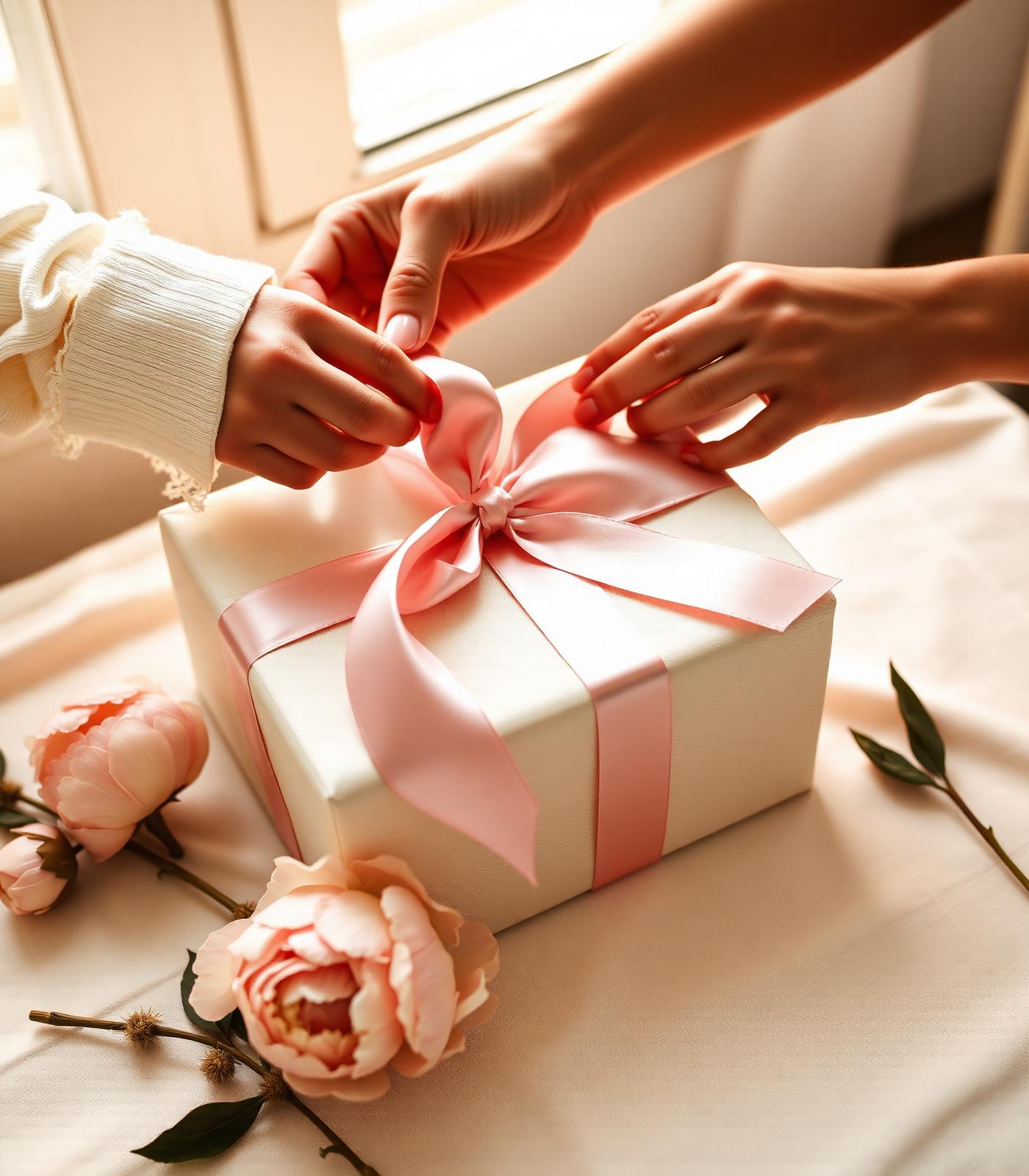 Hands tying a satin ribbon around a NANCIQUE gift box